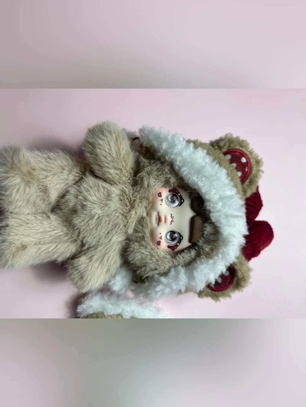 Snowball Cub Hooded Doll Keychain in Beige with White Trim